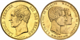 Léopold Ier (1831-1865). Module de 100 francs en Or, mariage du duc et de la duchesse de Brabant, d’aspect Flan bruni (Prooflike) 1853, Bruxelles.
PC...