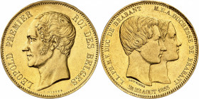 Léopold Ier (1831-1865). Module de 100 francs en Or, mariage du duc et de la duchesse de Brabant 1853, Bruxelles.
PCGS AU58 (43418787).
Av. LEOPOLD ...