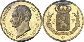 Léopold Ier (1831-1865). Essai de 5 francs en bronze doré par F. Distexhe 18-- (1847), Bruxelles.
PCGS SP62 (42177750).
Av. LEOPOLD PREMIER ROI DES ...