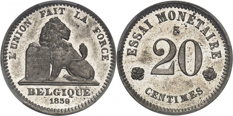 Léopold Ier (1831-1865). Essai de 20 centimes au lion par Braemt, contremarqué 5...