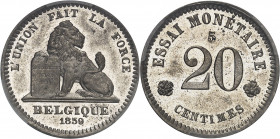 Léopold Ier (1831-1865). Essai de 20 centimes au lion par Braemt, contremarqué 5 1859, Bruxelles.
PCGS SP64 (42177742).
Av. L'UNION FAIT LA FORCE. L...