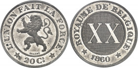 Léopold Ier (1831-1865). Essai de 20-XX centimes au lion par Braemt 1860, Bruxelles.
PCGS SP64 (42177743).
Av. L'UNION FAIT LA FORCE / * 20 Cs *. Li...