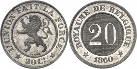 Léopold Ier (1831-1865). Essai de 20-20 centimes au lion par Braemt 1860, Bruxelles.
PCGS SP64 (42177744).
Av. L'UNION FAIT LA FORCE / * 20 Cs *. Li...