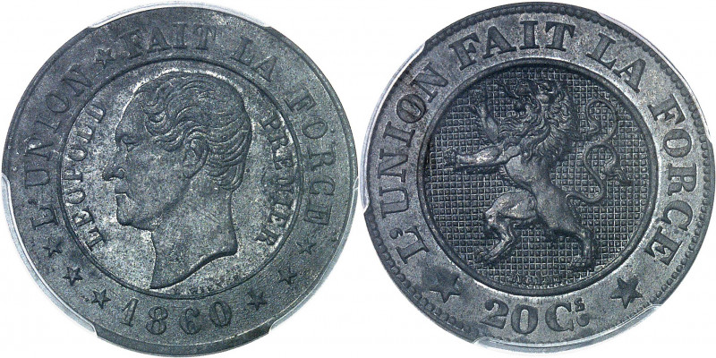 Léopold Ier (1831-1865). Essai de 20 centimes en zinc par L. Wiener et Braemt 18...