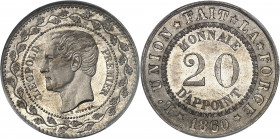 Léopold Ier (1831-1865). Essai de 20 centimes monnaie d’appoint par L. Wiener 1860, Bruxelles.
PCGS SP64 (42177746).
Av. LEOPOLD PREMIER. Tête nue à...