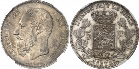 Léopold II (1865-1909). 5 francs 1875, Bruxelles.
NGC MS 63 (5772703-003).
Av. LEOPOLD II ROI DES BELGES. Tête nue à gauche, signature LEOP. WIENER....