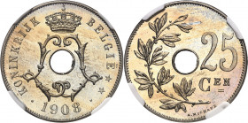 Léopold II (1865-1909). 25 centimes, légende flamande, Flan bruni (PROOF) 1908, Bruxelles.
NGC PF 65 (6141762-005).
Av. KONINKRIJK BELGIË. Autour du...