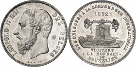 Léopold II (1865-1909). Module de 5 francs, visite de la Monnaie par les délégués à la Conférence internationale 1892, Bruxelles.
PCGS SP58 (42177751...