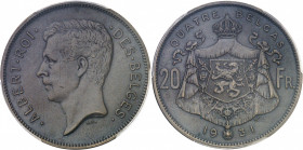 Albert Ier (1909-1934). Essai de 20 francs ou 4 belgas légende française en bronze, flan mat 1931, Bruxelles.
PCGS SP63 (42177735).
Av. ALBERT. ROI....