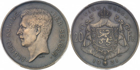 Albert Ier (1909-1934). Essai de 20 francs ou 4 belgas légende flamande en bronze, flan mat 1931, Bruxelles.
PCGS SP63 (42177734).
Av. ALBERT. KONIN...