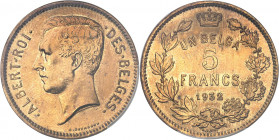 Albert Ier (1909-1934). Essai de 5 francs ou 1 belga légende française en bronze, flan mat 1932, Bruxelles.
PCGS SP62 (42177739).
Av. ALBERT. ROI. D...