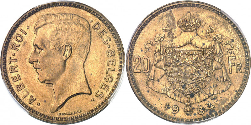 Albert Ier (1909-1934). Essai de 20 francs légende française en bronze, par G. D...