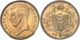 Albert Ier (1909-1934). Essai de 20 francs légende française en bronze, par G. Devreese, flan mat 1834, Bruxelles.
PCGS SP60 (42177733).
Av. ALBERT....