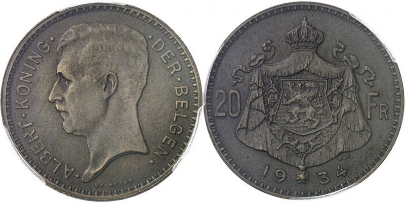 Albert Ier (1909-1934). Essai de 20 francs légende flamande en bronze, par G. De...