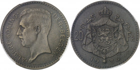 Albert Ier (1909-1934). Essai de 20 francs légende flamande en bronze, par G. Devreese, flan mat 1934, Bruxelles.
PCGS SP64 (42177736).
Av. ALBERT. ...