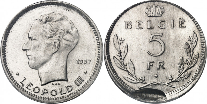 Léopold III (1934-1951). 5 francs légende flamande, frappe fautée 1937, Bruxelle...