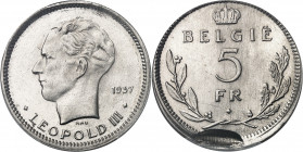 Léopold III (1934-1951). 5 francs légende flamande, frappe fautée 1937, Bruxelles.
PCGS MS64 (42177752).
Av. LEOPOLD III. Tête nue à gauche, signée ...