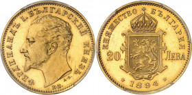 Ferdinand Ier (1887-1918). 20 leva, Flan bruni (PROOF) 1894, KB, Kremnitz.
PCGS PR63DCAM (17276753).
Av. Légende en cyrillique. Buste à gauche, au-d...