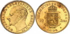 Ferdinand Ier (1887-1918). 10 leva, Flan bruni (PROOF) 1894, KB, Kremnitz.
PCGS PR64DCAM (64).
Av. Légende en cyrillique. Buste à gauche, au-dessous...