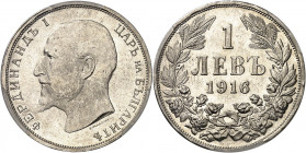 Ferdinand Ier (1887-1918). 1 lev 1916, Vienne.
PCGS MS63 (41008326).
Av. Légende en cyrillique. Buste à gauche, signature R. MARSCHALL. 
Rv. Dans u...