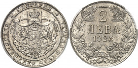 Boris III (1918-1943). Essai de 2 leva 1925, Poissy (éclair).
PCGS SP66 (41374316).
Av. Légende en cyrillique. Armes posées sur un manteau couronné....