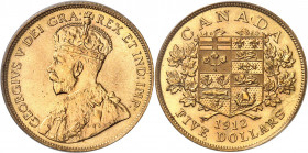 Georges V (1910-1936). 5 dollars, frappe specimen (SP) 1912, Ottawa.
PCGS SP 67 (06555719).
Av. GEORGIVS V DEI GRA: REX ET IND: IMP:. Buste couronné...