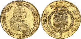 Ferdinand VI (1746-1759). 8 escudos, frappe au balancier 1755 S, NR, Nuevo Reino (Santa Fé de Bogota).
NGC XF 45 (5782532-005).
Av. FERDNDx VIx Dx G...