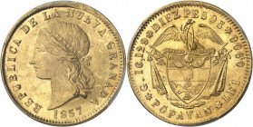Nouvelle-Grenade (République de). 10 pesos 1857, Popayan.
PCGS MS67 (84983297).
Av. REPUBLICA DE LA NUEVA GRANADA. Buste à gauche de la Liberté avec...