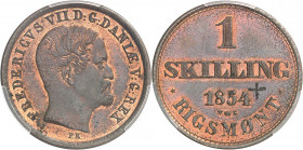 Frédéric VII (1848-1863). Essai de 1 skilling rigsmont 1854, Copenhague.
PCGS SP64BN (40800587).
Av. FREDERICVS VII D. G. DANIÆ. V. G. G. REX. Tête ...