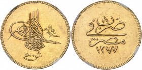 Abdülaziz (1861-1876). 500 Kurush (500 Qirsh ou 5 livres) AH 1277/8 (1868), Misr (Le Caire).
NGC MS 61 (5780845-008).
Av. Toughra et (valeur). 
Rv....
