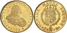 Ferdinand VI (1746-1759). 8 escudos, frappe au balancier 1749 JB, M, Madrid.
NGC AU 58 (5782532-006).
Av. FERDINANDUS VI* D* G* HISP* REX. Buste cui...