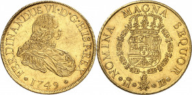 Ferdinand VI (1746-1759). 8 escudos, frappe au balancier 1749 JB, M, Madrid.

Av. FERDINANDUS VI* D* G* HISP* REX. Buste cuirassé à droite, portant ...