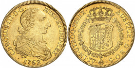 Charles III (1759-1788). 8 escudos “à la tête de rat” 1762 JV, S, Séville.
NGC AU DETAILS CLEANED (5782532-007).
Av. CAROLUS. III. D. G. HISP. ET. I...