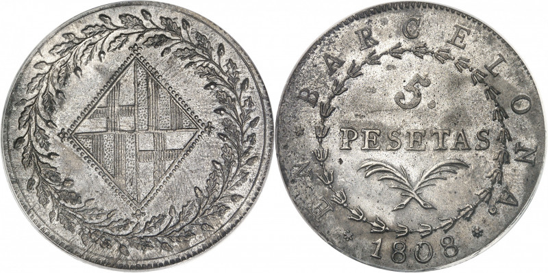 Joseph Napoléon (1808-1813). 5 pesetas 1808, Barcelone.
PCGS MS62 (36315777).
...