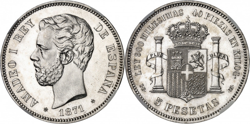 Amédée Ier (1870-1873). 5 pesetas, Flan bruni (PROOF) 1871 (18 - 71), SDM, Madri...