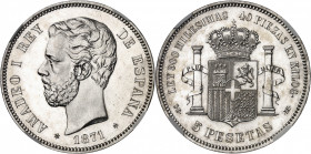 Amédée Ier (1870-1873). 5 pesetas, Flan bruni (PROOF) 1871 (18 - 71), SDM, Madrid.
NGC PF 62 (4692421-002).
Av. AMEDEO I REY - DE ESPANA. Tête nue à...