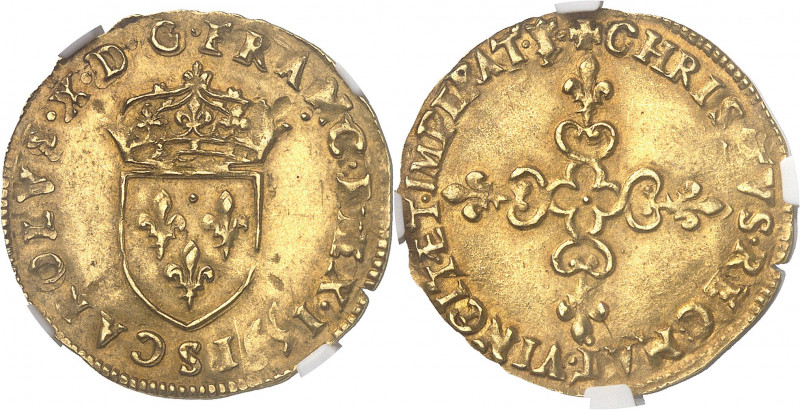 Charles X (1589-1594). Écu d’or au soleil 1er type 1591, S, Troyes.
NGC MS 60 (...