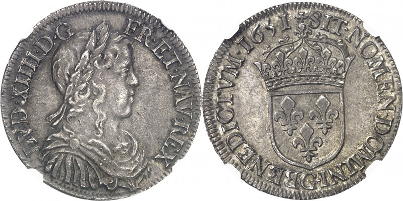 Louis XIV (1643-1715). Demi-écu à la mèche longue 1651, G, Poitiers.
NGC MS 61 ...