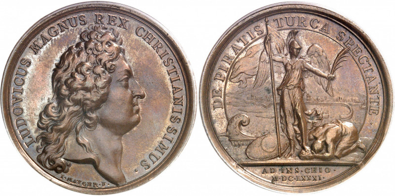 Louis XIV (1643-1715). Médaille, défaite des corsaires de Tripoli sur l’île de C...