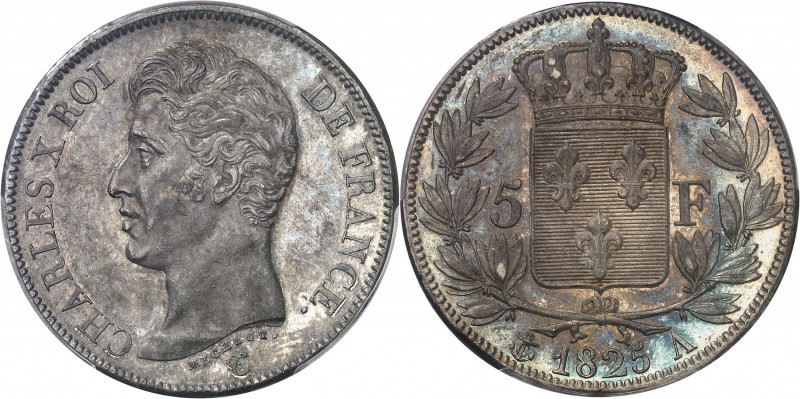 Charles X (1824-1830). 5 francs, 1er type 1825, A, variété avec le A inachevé, P...