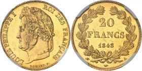 Louis-Philippe Ier (1830-1848). 20 francs tête laurée 1848, A, Paris.
NGC MS 64 (5780845-006).
Av. LOUIS PHILIPPE I ROI DES FRANÇAIS. Tête laurée à ...