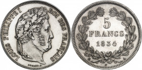 Louis-Philippe Ier (1830-1848). 5 francs tête laurée, Flan bruni (PROOF) 1834, A, Paris.
PCGS PR63 (41297662).
Av. LOUIS PHILIPPE I ROI DES FRANÇAIS...