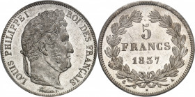 Louis-Philippe Ier (1830-1848). 5 francs Domard 1837, A, Paris.
PCGS MS62 (41270844).
Av. LOUIS PHILIPPE I ROI DES FRANÇAIS. Tête laurée à droite, s...