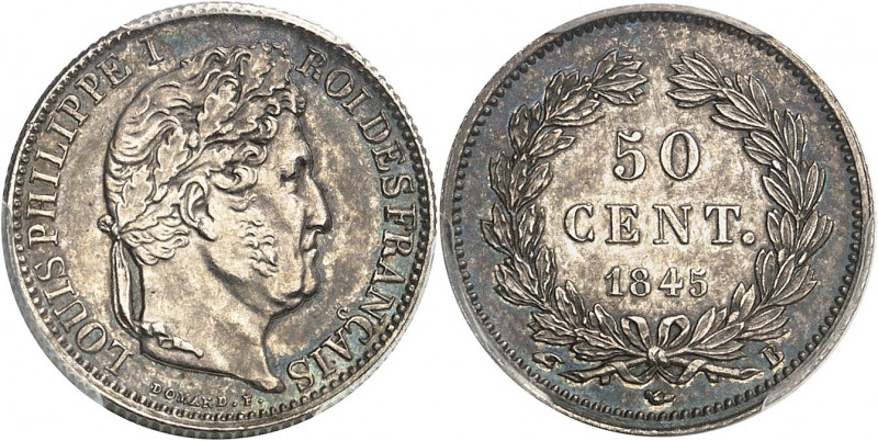 Louis-Philippe Ier (1830-1848). Piéfort de 50 centimes tête laurée 1845, B, Roue...