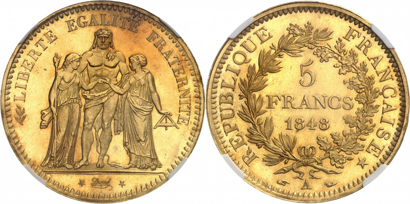 IIe République (1848-1852). Épreuve en Or de 5 francs Hercule 1848, A, Paris.
N...