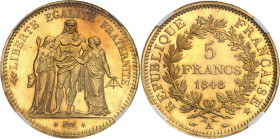 IIe République (1848-1852). Épreuve en Or de 5 francs Hercule 1848, A, Paris.
NGC MS 62+ (6066353-031).
Av. LIBERTÉ ÉGALITÉ FRATERNITÉ. Hercule entr...