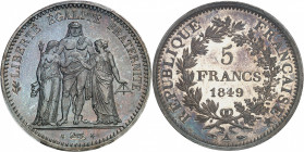 IIe République (1848-1852). 5 francs Hercule, Flan bruni (PROOF) 1849, A, Paris.
PCGS PR63+ (80795723).
Av. LIBERTÉ ÉGALITÉ FRATERNITÉ. Hercule entr...