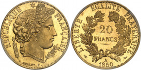 IIe République (1848-1852). 20 francs Cérès Flan bruni (PROOF) 1850, A, Paris.
PCGS PR65+ CAM (41820811).
Av. RÉPUBLIQUE FRANÇAISE. Tête de la Répub...
