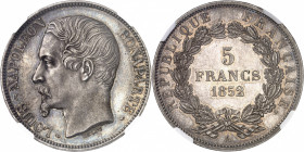 IIe République (1848-1852). 5 francs Louis-Napoléon Bonaparte, Flan bruni (PROOF) 1852, A, Paris.
NGC PF 64 (5780846-017).
Av. LOUIS-NAPOLEON BONAPA...