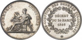IIe République (1848-1852). Jeton du Sous-comptoir des denrées coloniales 1848, Paris.
PCGS MS63 (42254697).
Av. COMMERCE INDUSTRIE. Mercure assis à...